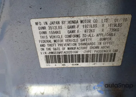 2010 Honda Fit Sport z USA, uszkodzony, nr VIN JHMGE8H41AC020164